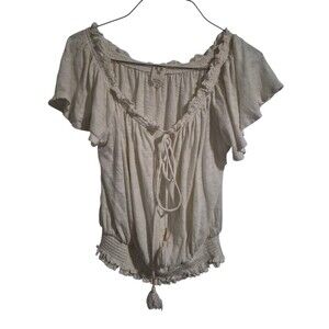 We The Free M Ivory Tassel Top Hummingbird Linen Blend Beachy Coastal Resort